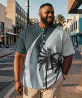 Men's Plus Size Daily Casual Green Colorblock Coconut Tree Print Henry Collar Button Short Sleeve T-Shirt